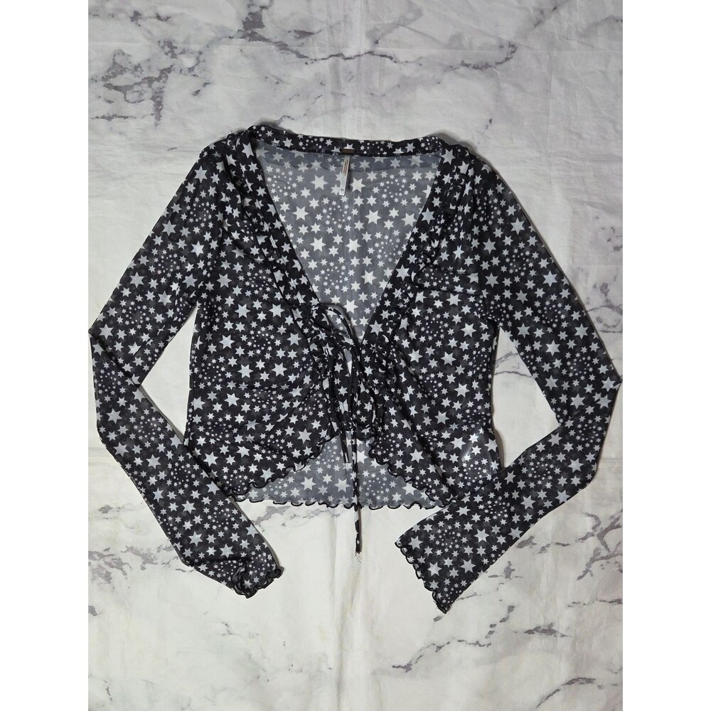 Free People Marne White Star Print Sheer Mesh Tie-Front Top